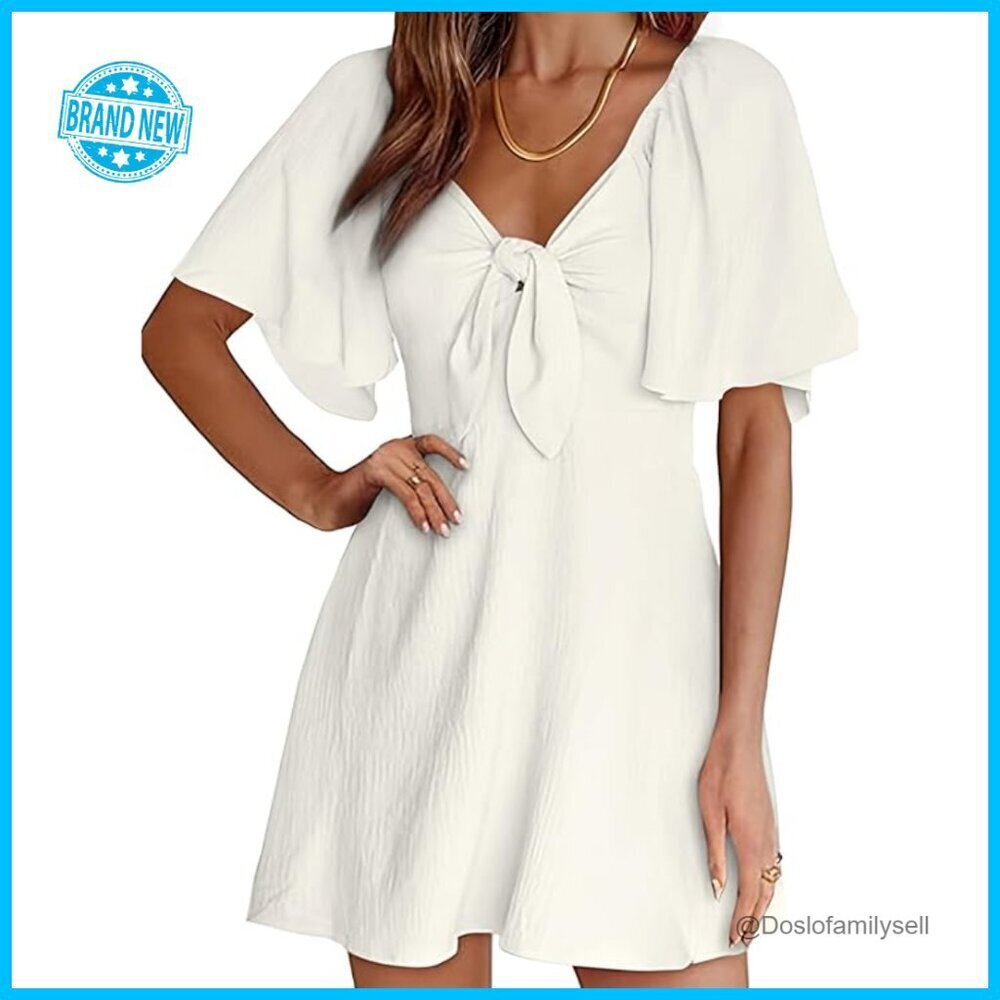 Elegant Deep V Neck Mini Dress with Bow Tie Ruffle Sleeves Summer Chic
